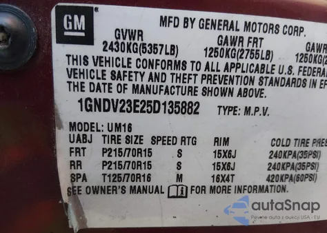 2005 Chevrolet Venture Ls z USA, uszkodzony, nr VIN 1GNDV23E25D135882